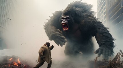 giant gorilla king rampages in the middle of the city and destroys tall buildings - obrazy, fototapety, plakaty