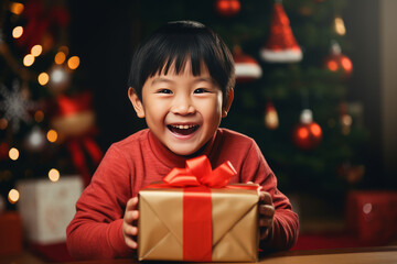 Asian boy with gift