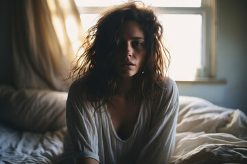 Fototapeta premium Captured in a moment of sadness, a young lady rests by the window, her face mirroring the internal turmoil caused by depression and crisis