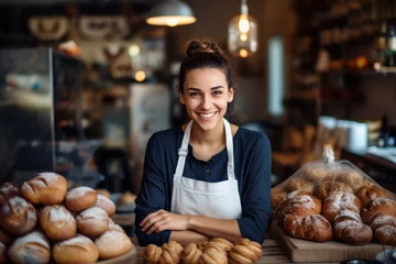 Gordijnen A cheerful young woman, a bakery worker, smiles proudly by a display of diverse bread, buns, and pastries © Konstiantyn Zapylaie