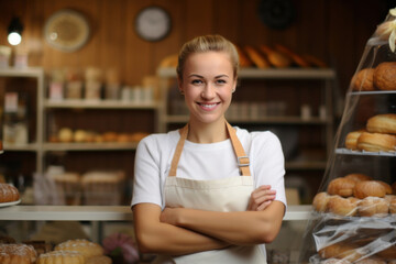Behind the bakery counter, a smiling female baker proudly showcases an assortment of bread, rolls, and pastries