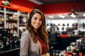 A positive young woman with a warm smile, representing an auto goods store, stands confidently amidst the vibrant selection of automotive products