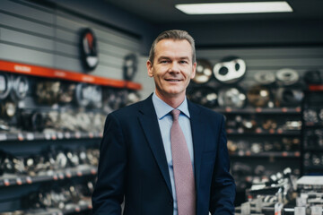 A confident man with a warm smile, representing an auto goods store, stands in the automotive shop, radiating positivity and professionalism