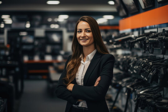 With a positive attitude, a young lady welcomes visitors in the auto goods shop, her cheerful demeanor creating a welcoming environment for automotive enthusiasts