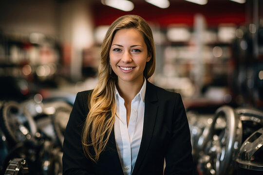 In the car accessories store, a cheerful young woman warmly greets customers, her smile reflecting the welcoming atmosphere of the automotive products shop