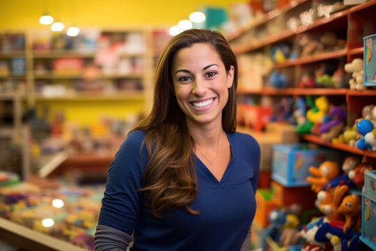 A Smiling Woman Gazes Into The Camera, Surrounded By Toys In A Cheerful Toy Store, Embodying The Role Of A Toy Store Representative And Consultant