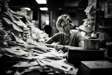 A young lady engrossed in learning, surrounded by a chaotic desk indicating the pressures of work deadlines - obrazy, fototapety, plakaty