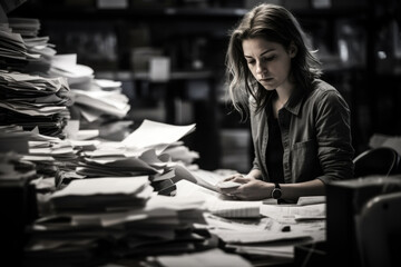 A focused young woman dealing with her studies, her desk strewn with papers and books due to impending work deadlines