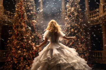 Embraced by the warmth of glowing lights, a woman in a festive white dress brings the magic of Christmas to life, turning the holiday fantasy into a mesmerizing experience. - obrazy, fototapety, plakaty