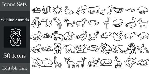 Wild animals and birds vector icons set.