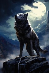 A wolf under a full moon. Great for stories of fantasy, wilderness, adventure, werewolf, RPG and more. 