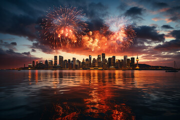 City skyline with colorful fireworks exploding in the night on New Year, 
