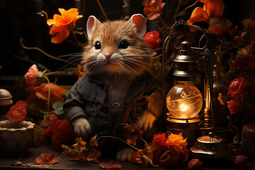Happy new year artwork - mouse wearing clothes with lamp and flowers