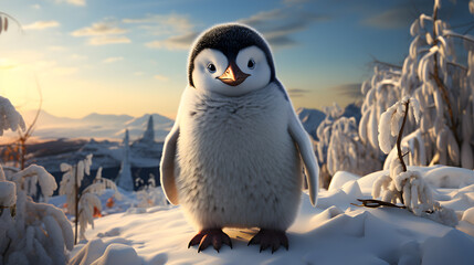 Сartoon penguin in winter - obrazy, fototapety, plakaty