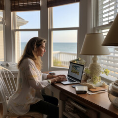 woman working on laptop from home with a beautiful view