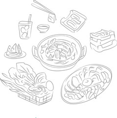 Thai Style barbecue,Thai food,Moo ka ta,barbecue buffet,Thai Stlye BBQ set with pork,seafood,beef,vegetable hand draw illustration. - obrazy, fototapety, plakaty
