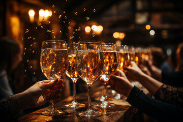 Group of people toasting with glasses of champagne or sparkling cider to celebrate new year