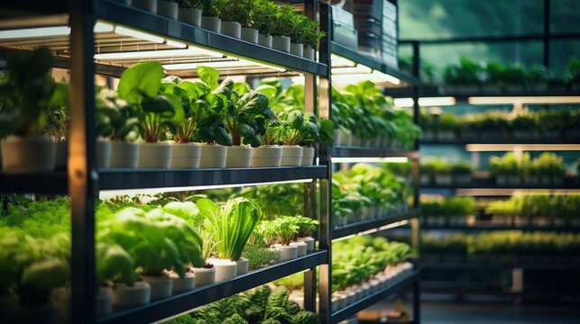 Vertical farm with ornamental plants growing on multiple shelves. Generative AI