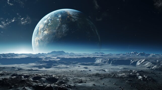 Iconic image of Earth rising above lunar horizon. Generative AI