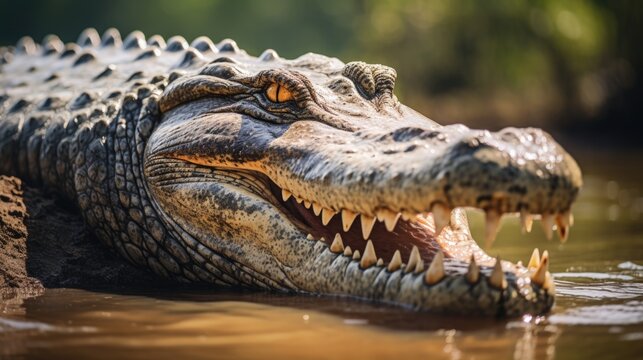 Impressive crocodile basking in hot sun on riverbank. Generative AI