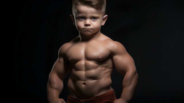 someone who has the face of a little baby with the body of a muscular bodybuilder