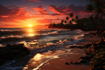 Sunset on the beach on New Year with sea, clouds, coconut trees in background