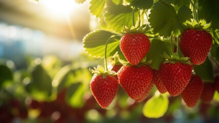 Juicy and ripe strawberries growing in high-tech greenhouse within farm. Generative AI - obrazy, fototapety, plakaty