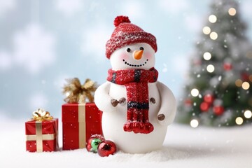 A Happy and Smiling Snowman with a Red Hat and Scarf Next to a Christmas Tree and Red Wrapped Presents