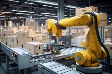 Automated robotic arm packaging goods in a factory setting. - obrazy, fototapety, plakaty