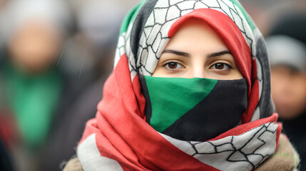 A Muslim woman at a rally - obrazy, fototapety, plakaty