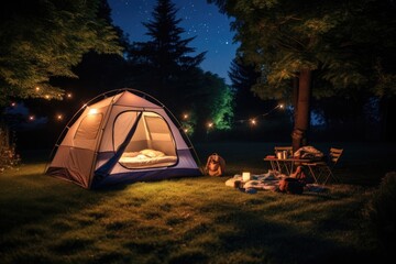 Backyard camping, setting up tents for a night under the stars at home - obrazy, fototapety, plakaty