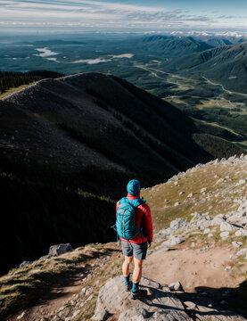 Image of a hiker from behind, beautiful mountains, amazing view