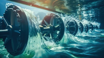 Tidal energy turbines beneath water's surface in tidal energy farm. Generative AI - obrazy, fototapety, plakaty