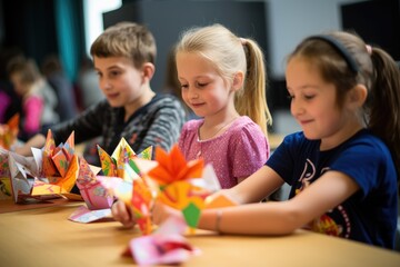 Children at a workshop learning the art of origami folding. - obrazy, fototapety, plakaty