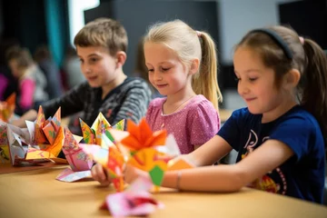 Muurstickers Children at a workshop learning the art of origami folding. © furyon