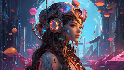 fantasy character in the cyber age, sci-fi background, female cyborg