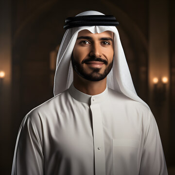 Emirati Man with Arabic Clothing and Striking Beard Portrayed in Front View Portrait