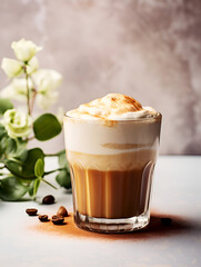 Close-up of a glass of Dalgona Coffee with cinnamon on light background, homemade creamy coffee drink vertical image. Fluffy whipped instant coffee foam mixed with animal or vegan milk. Vegan drinks