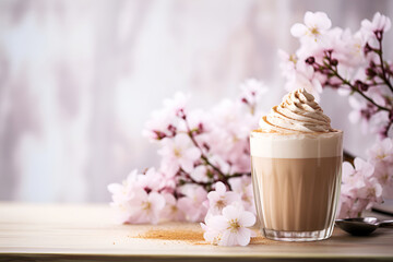 Obraz na płótnie Canvas Glass of Dalgona Coffee with whipped cream on a light wooden table with a lilac sprig against light background, copy space. Creamy coffee drink. Fluffy latte made of whipped instant coffee and milk