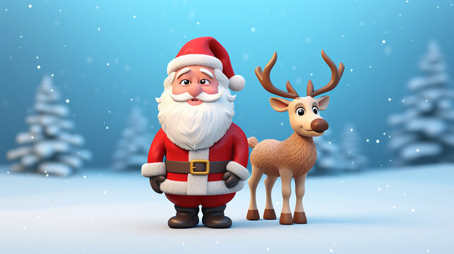 Santa Claus and a Reindeer, 3D cartoon
