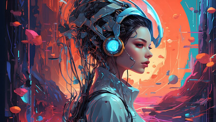 fantasy character in the cyber age, sci-fi background, female cyborg