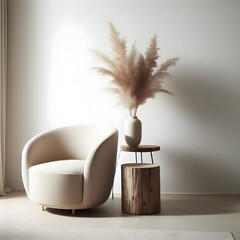 A cozy corner in a minimalist living room, featuring a beige barrel chair and a stump side table adorned with a vase of pampas grass.