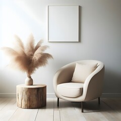 A cozy corner in a minimalist living room, featuring a beige barrel chair and a stump side table adorned with a vase of pampas grass.