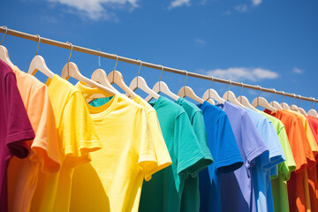 Many colourful rainbow t-shirts hung on the clothesline with clothespins for dying by sunlights.  Generative AI.