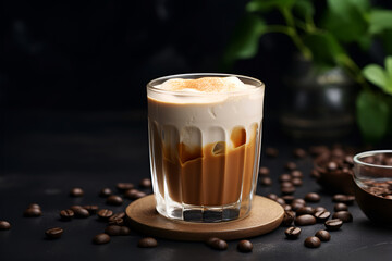 Layered Dalgona coffee on table on dark background, copy space. Fluffy homemade coffee drink. Creamy latte coffee made whipped instant coffee foam poured into vegan or animal milk. Trendy korean drink