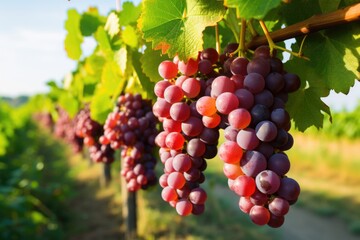 Fototapeta premium A branch of ripe grapes close-up. Vineyards at sunset. Generated by artificial intelligence