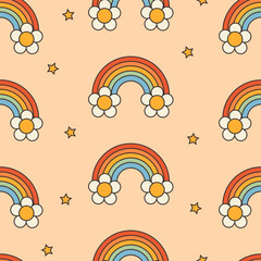 Groovy trippy rainbow. Rainbow with daisies retro style. Seamless pattern with elements in hippie style 60s, 70s. Vintage background for T-shirts, fashion clothing, wallpaper, fabrics. Vector