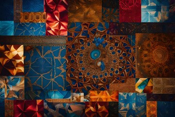A Photograph of a mesmerizing collage, embracing the interplay of vibrant colors and abstract shapes, inviting viewers to explore a kaleidoscope of graphic resources and textures.