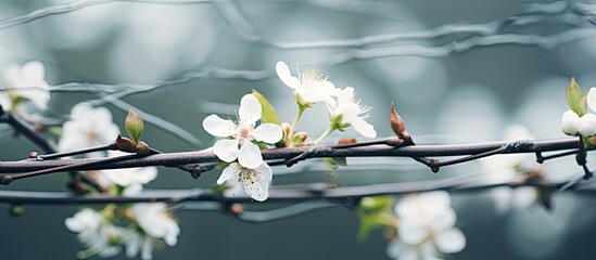 White blooming tree branches mixed with barbed wire on a blurred spring garden backdrop