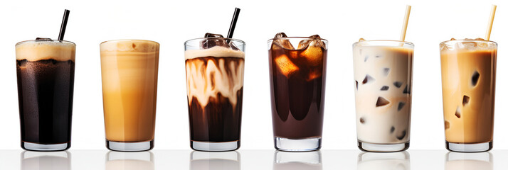 Set of different type of black ice coffee and ice latte coffee with milk in tall glass on white background. Variety of coffee drinks - caramel latte, americano, bubble coffee, frappe, mocha, macchiato